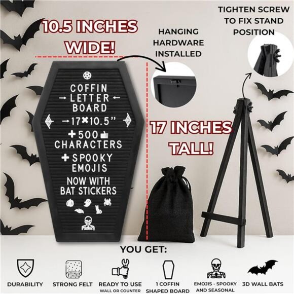 Coffin Letter Board Black +3D Bat Stickers +650 Characters, Spooky & Seasonal - Picture 3 of 7